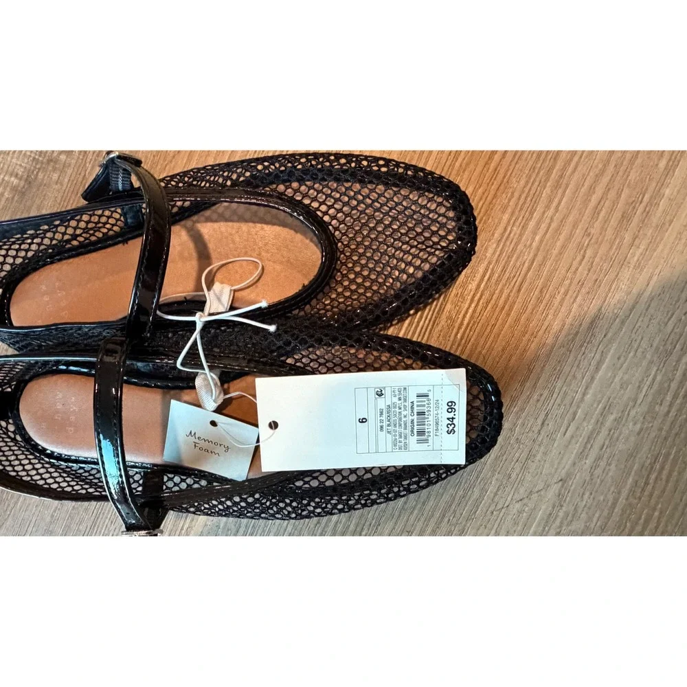A New Day Black Mesh Mary Jane Flats Memory Foam Patent Trim Size 6